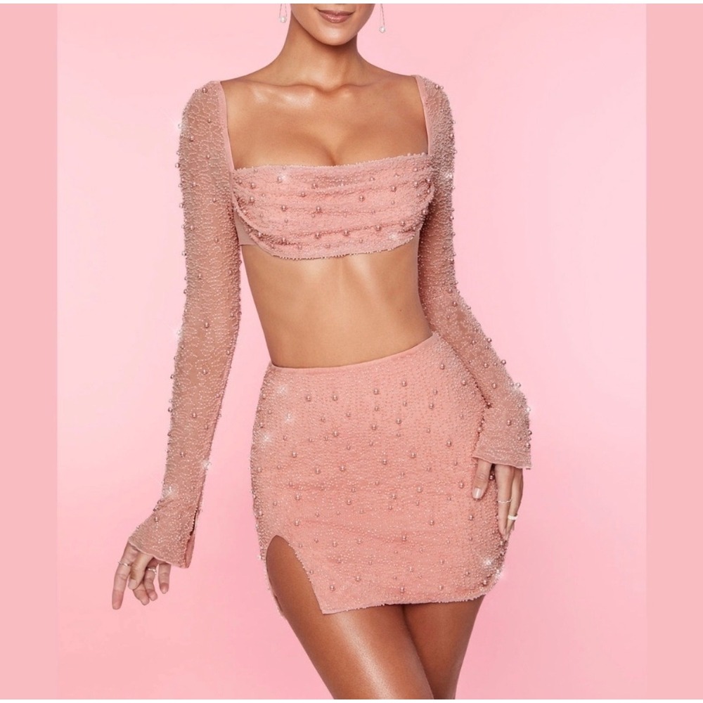 Oh Polly 2 Piece Set Embellished Pearl Pink Rose‎ Party Event Regal Dress US8